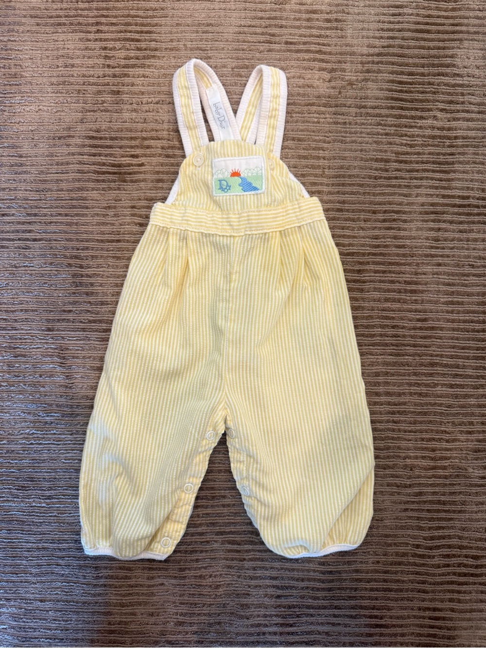 VTG Baby Dior Yellow stripe Baby One-Piece Overalls with Dino Patch RARE 6months